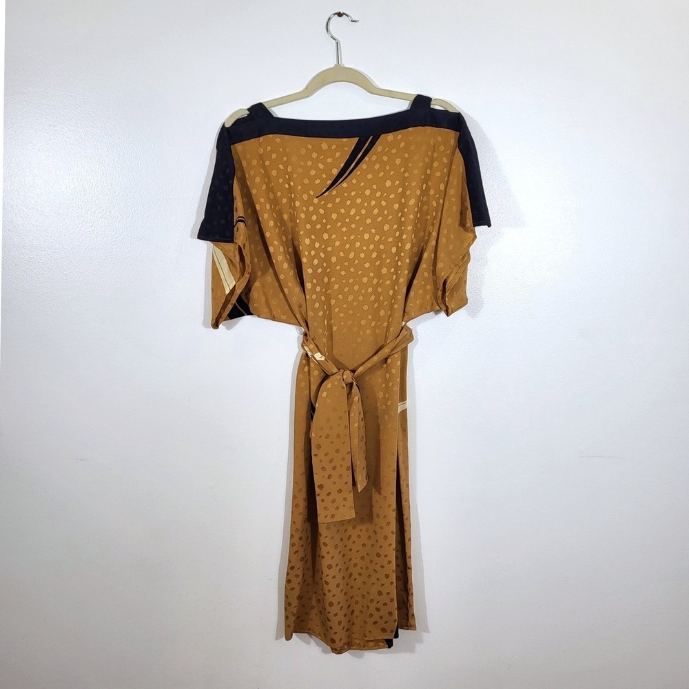 Vintage Flora Kung Ochre Jacquard Batwing Sleeve Silk Midi Dress and Belt